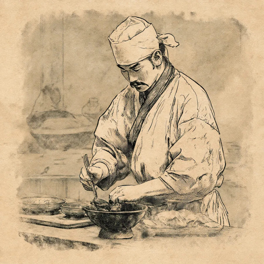 Le chef préparant un bol de ramen au comptoir, illustration à l'encre