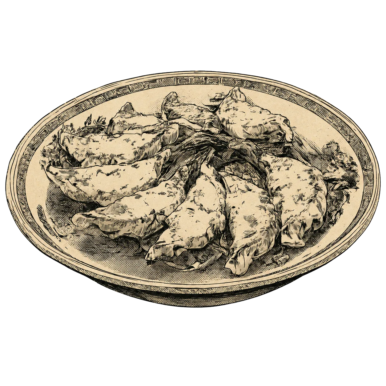 Assiette de gyoza grillés, illustration à l'encre