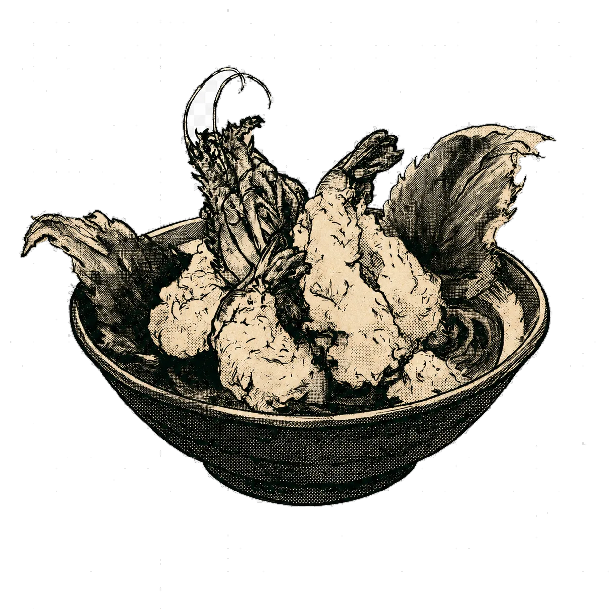 Panier de tempura de gambas et légumes, illustration à l'encre
