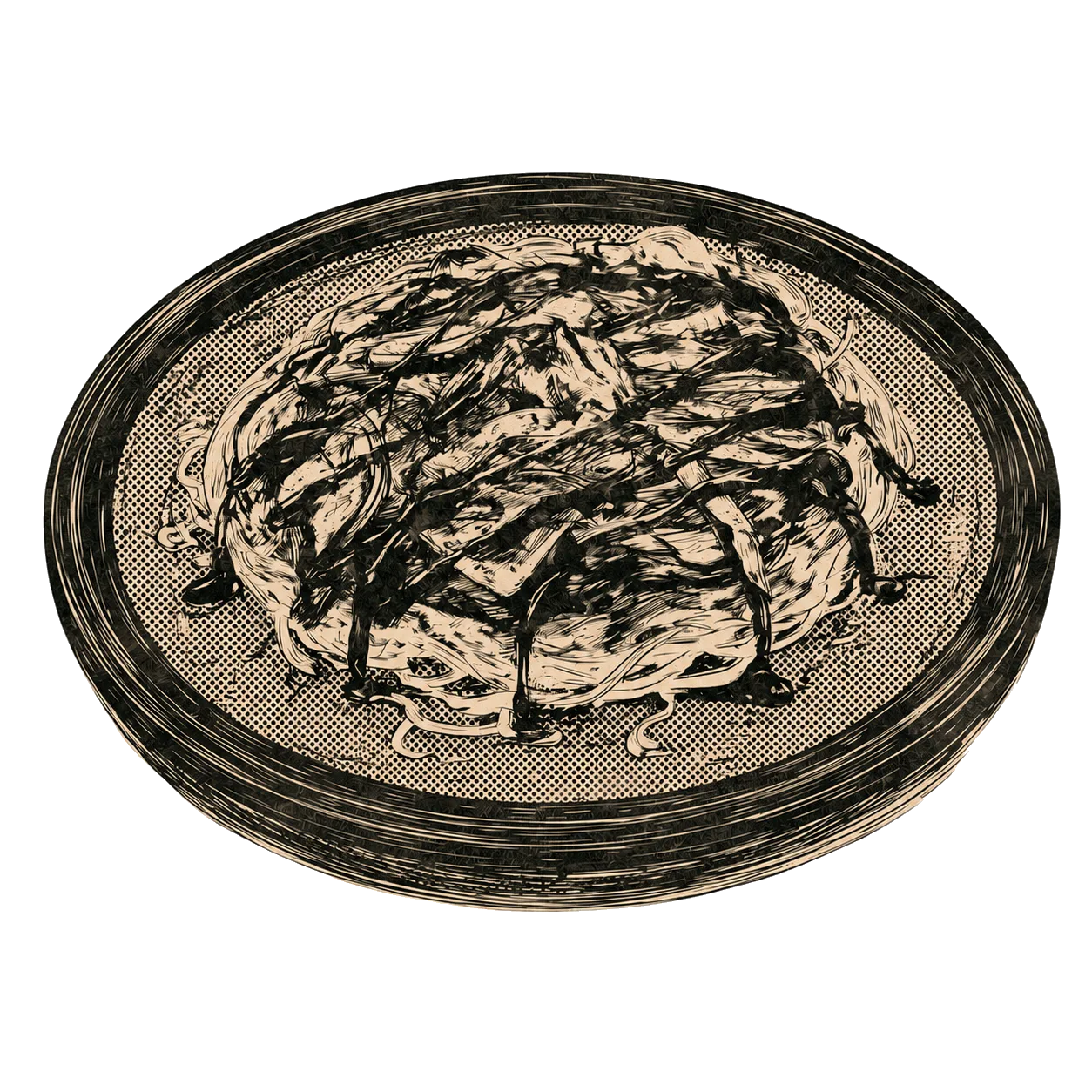 Okonomiyaki garni de mayo et bonite, illustration à l'encre