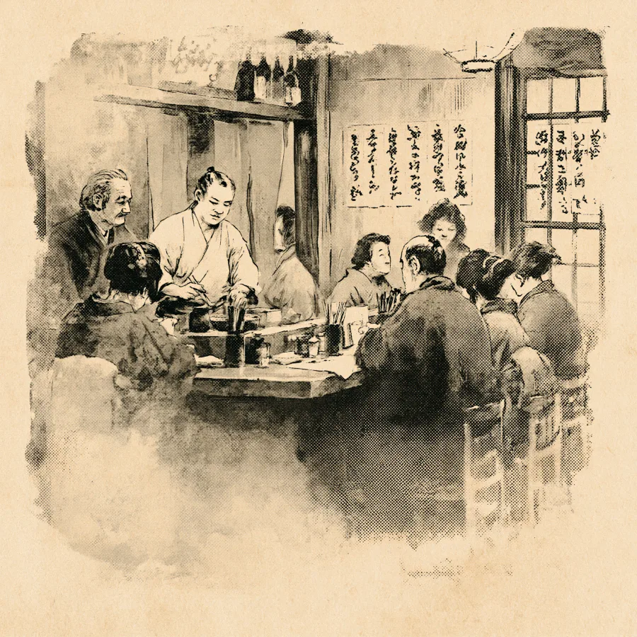 Quatorze places au comptoir face à la cuisine ouverte, illustration à l'encre