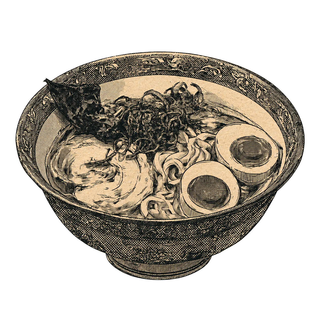 Bol de ramen Shōyu fumant, illustration à l'encre