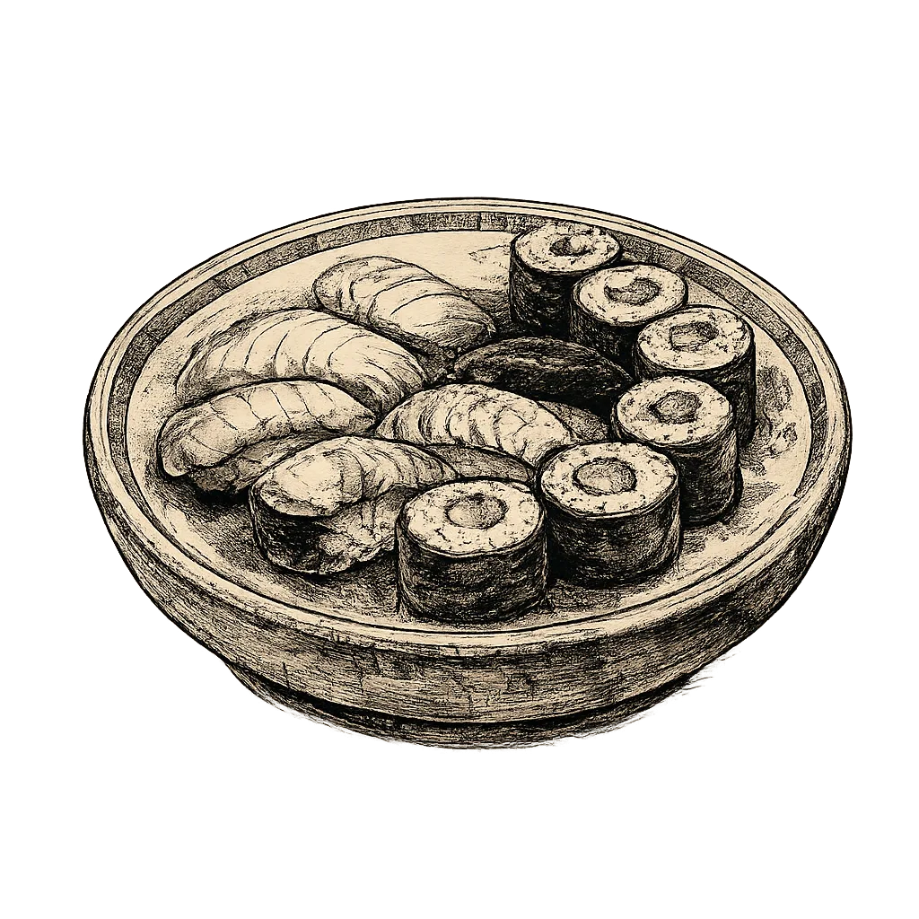 Plateau de sushi, maki et sashimi, illustration à l'encre