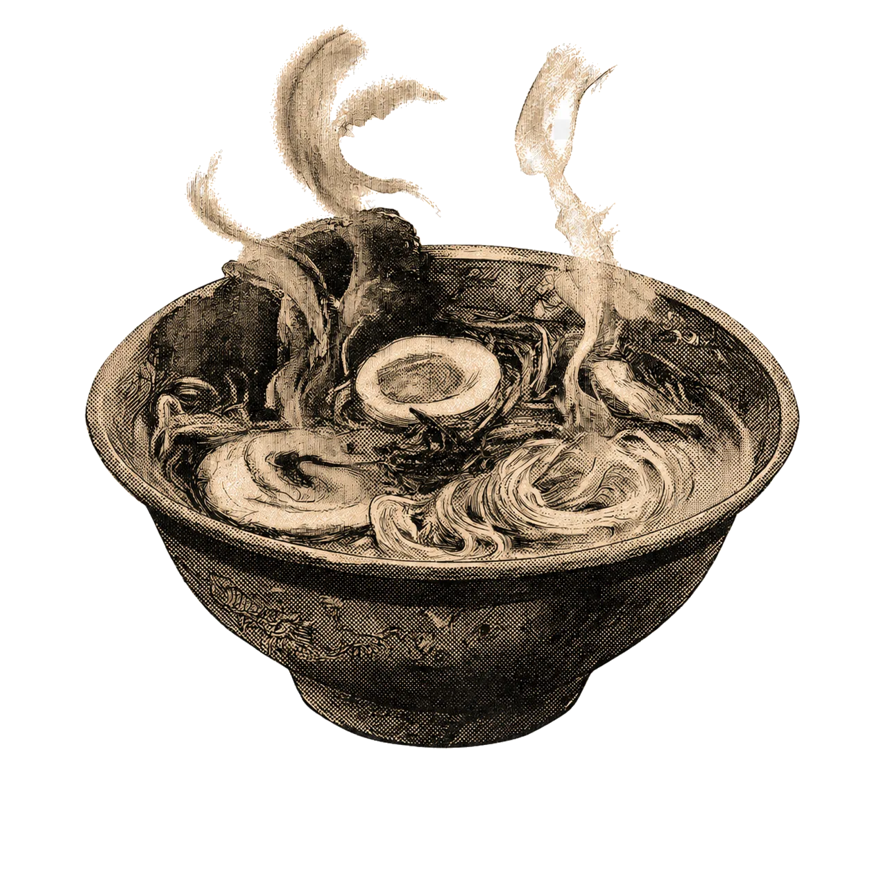 Bol de ramen Tonkotsu fumant, illustration à l'encre